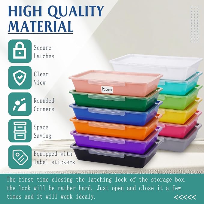 12 Pcs Classroom Paper Storage Bins with Clear Latching Lid, Label Stackable Letter Size Flat Tray Container for Teacher Back to School Supplies Home Office Desk Arts Crafts (Vibrant,13x10in) - Image 3