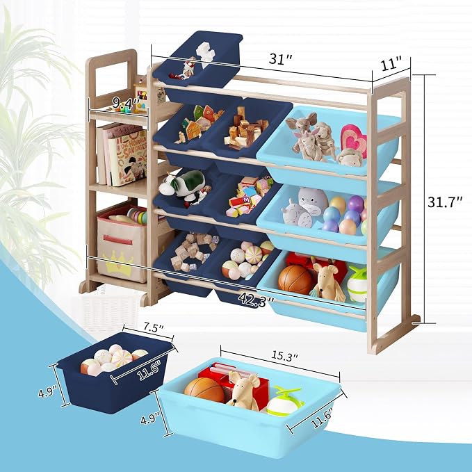 Toy Storage Organizer - Toy Organizers and Storage with Bookshelf, Toy Storage Shelf with 3 Shelves and 12 Storage Bins, Kids Bookshelf and Toy Storage for Kids Room, Playroom, Bedroom, Nursery, Blue - Image 2