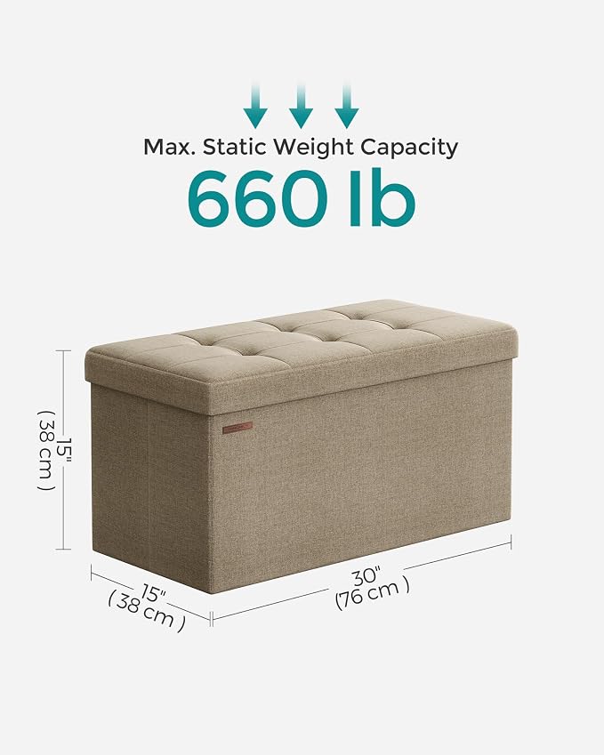 SONGMICS Mazie Collection - 30 Inches Folding Storage Ottoman Bench, Ottoman Foot Rest, End of Bed Bench, Storage Chest, Load 660 lb, for Living Room, Bedroom, Entryway, Camel Brown ULSF047R01 - Image 2