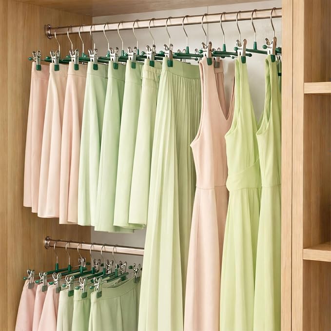 POZEAN Pants Hangers with Clips for Women 50 Pack, 12Inch Adjustable Heavy Duty Skirt Hangers, Space Saving Non-Slip Shorts Jeans Trousers Clothes Hangers, Green - Image 2