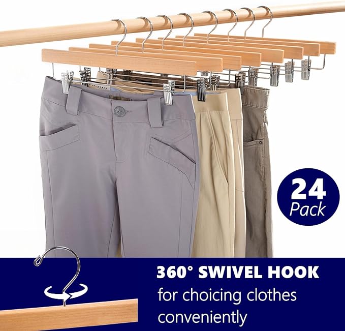 Amber Home 48 Pack Wooden Pants Hangers with Clips, Natural - Image 4