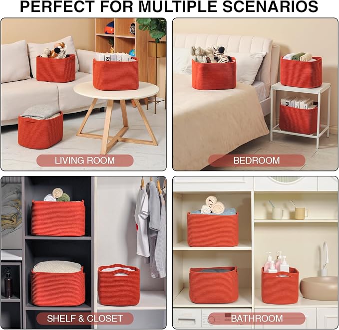 Storage Baskets for Organizing Shelves, Woven Cotton Rope Basket for Storage, Dog Toy Baskets Storage Kids, Cute Shelf Basket for Living Room Bedroom, 14.8"×11"×9.5", Pack of 3, Brick Red - Image 5