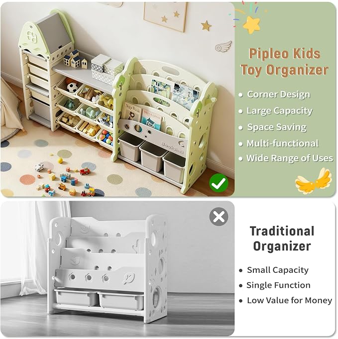 Pipleo Kids Toy Storage Organizer with 17 Removable Bins, 4-Tier Bookshelf for Kids, Multi-Purpose Castle-Shaped Toy Organizer for Playroom, Bedroom, Nursery, Living Room (Green) - Image 6