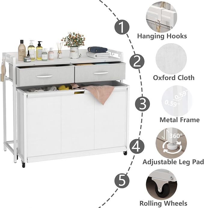 Laundry Hamper Laundry Basket with 3 Section Pull-Out Rolling Bags, Laundry Sorter for Organization and Storage with 2 Pull-Out Drawers for Laundry Room (White, 32.68'' x 31.81'' x 12.6'') - Image 8