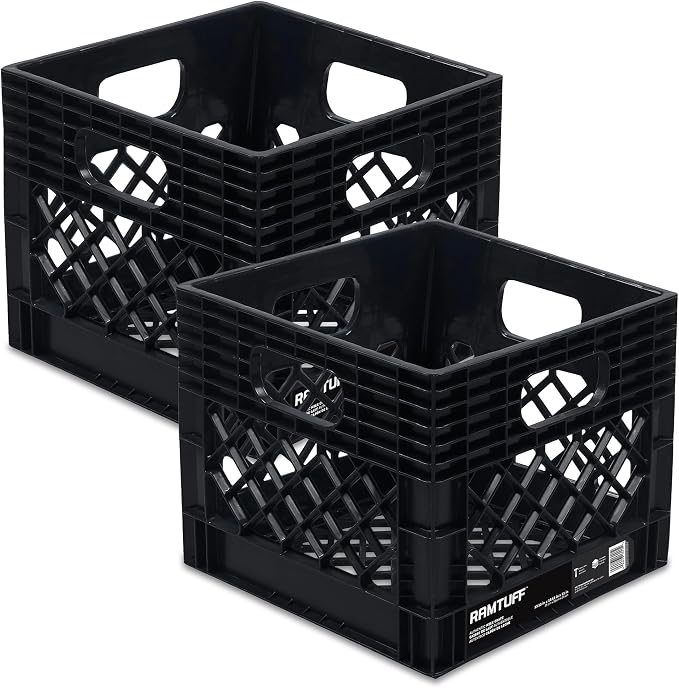 2 Pack Storage Milk Crate, Durable Plastic Home Organizers, Stackable Box Set with Reinforced Handles, 250 lb Load Capacity, Black by Ramtuff