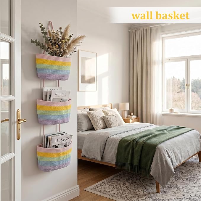 TeoKJ Over the Door Hanging Basket, 3-Tier Woven Cotton Wall-Mounted Storage Organizer Bag Decorative Hanging Nursery Baskets, Rainbow - Image 3
