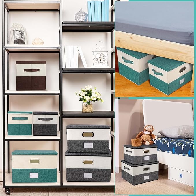 Large Linen Fabric Foldable Storage Bins with Removable Lid and Handles, Washable Storage Box Organizer Containers Baskets Cube with Cover for Bedroom,Office (Turquoise&Cream, Medium(2-Pack)) - Image 5