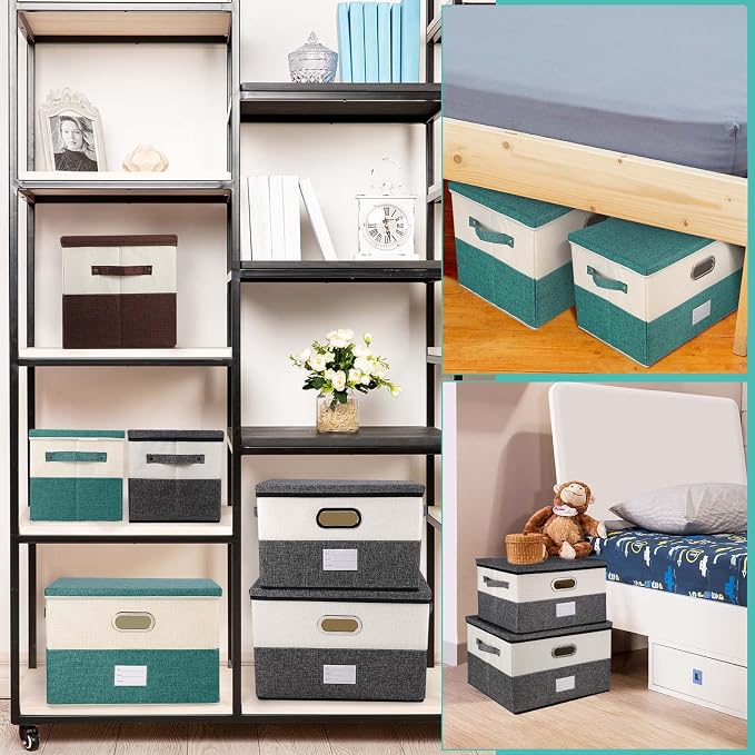 Large Linen Fabric Foldable Storage Bins with Removable Lid and Handles, Washable Storage Box Organizer Containers Baskets Cube with Cover for Bedroom,Closet,Office (Turquoise&Cream, Large) - Image 5