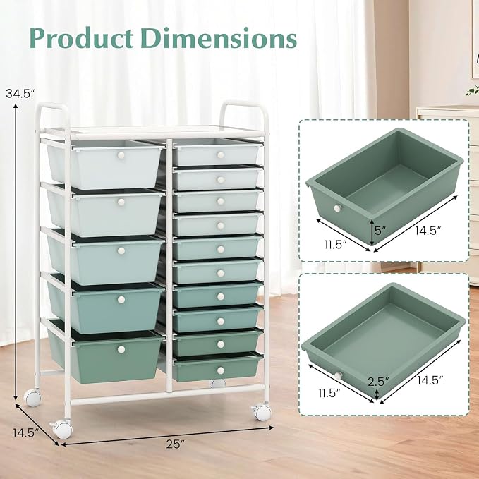 15 Drawer Rolling Storage Cart, Rolling Cart with Drawers for Classroom, Art Supply Craft Organizer on Wheel with Metal Frame & Handles for Home Office School (Gradient Green, 15 Drawer) - Image 3
