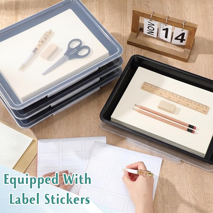 12 Pcs Classroom Paper Storage Bins with Clear Latching Lids Labels, Letter Size Stackable Flat Trays Container Paper Organizer for Teacher Back to School Office Arts Crafts (Black,13x10in) - Image 5
