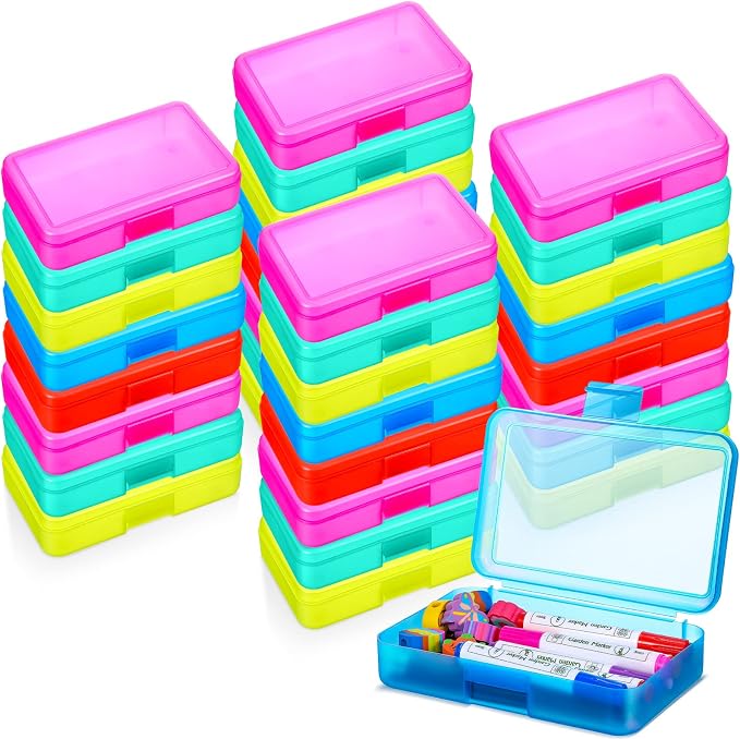 Zhehao 40 Pack Plastic Pencil Box Bulk, Hard Case for Kids,Multicolor | Clear Lid Cases for School Supplies, 3 Compartment Organizer, Hard Plastic Utility Holder with Pens Brushes, Classroom Use by Zhehao