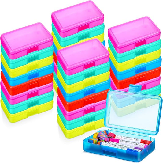 Zhehao 40 Pack Plastic Pencil Box Bulk, Hard Case for Kids,Multicolor | Clear Lid Cases for School Supplies, 3 Compartment Organizer, Hard Plastic Utility Holder with Pens Brushes, Classroom Use by Zhehao