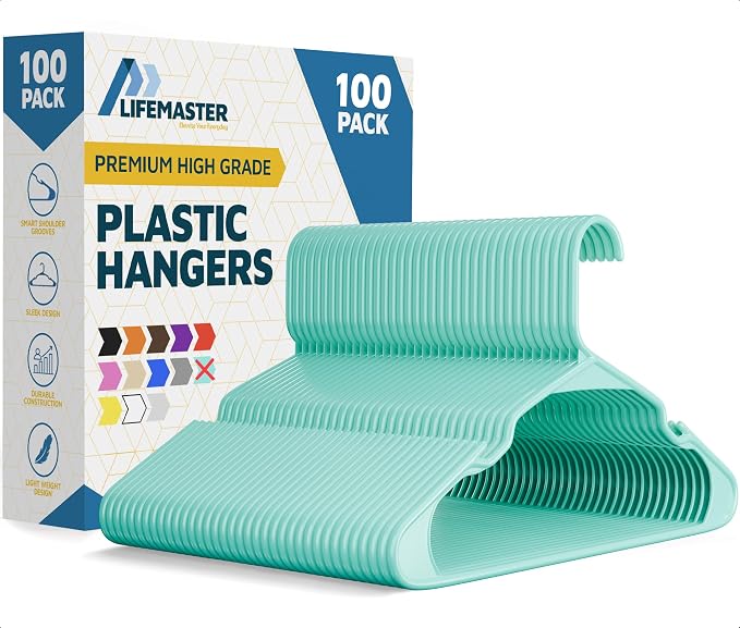 Lifemaster Plastic Clothes Hangers – Heavy Duty Hanger Set, for Organizing Clothes, Dresses, and Coat, Holds Up to 5 lbs, Space-Saving Hangers with Non-Slip Shoulder Grooves, Pack of 100, Aqua by LIFEMASTER