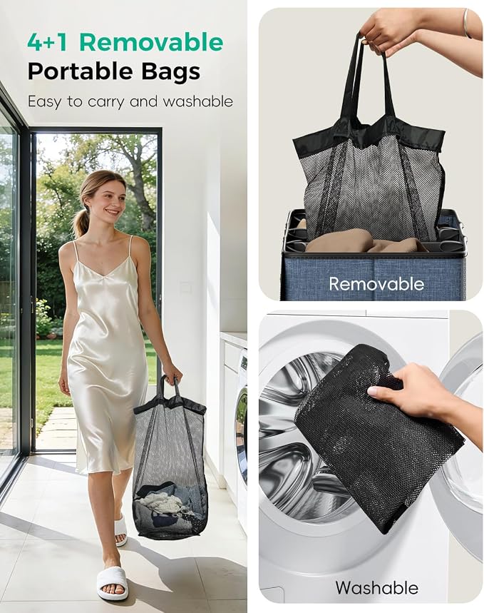 185L Laundry Hamper 4 Section with Lid & Removable Bags | Collapsible laundry basket organizer for laundry room, bedroom & dorm with 5 removable washing bags - Image 6