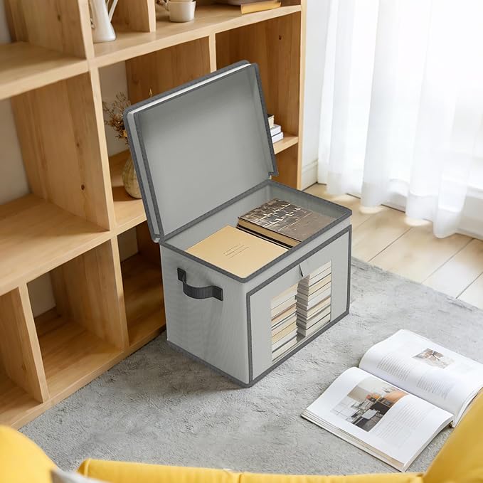 Univivi Front Opening Storage Bins with Lids for Home, Gray, 4 Pack | Foldable Fabric Storage Boxes, Large Closet Organizers and Storage with Clear Window & Handles for Clothing Storage - Image 3