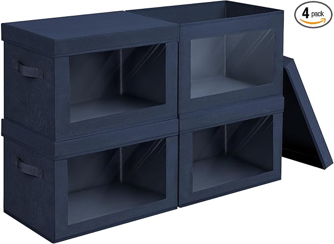 Foldable Storage Boxes with Lids - Decorative Storage Boxes with Clear Window, Fabric Storage Baskets for Organizing, Closet Storage for Clothes, Yarn, Home, Navy Blue, 4-Pack by Homsorout
