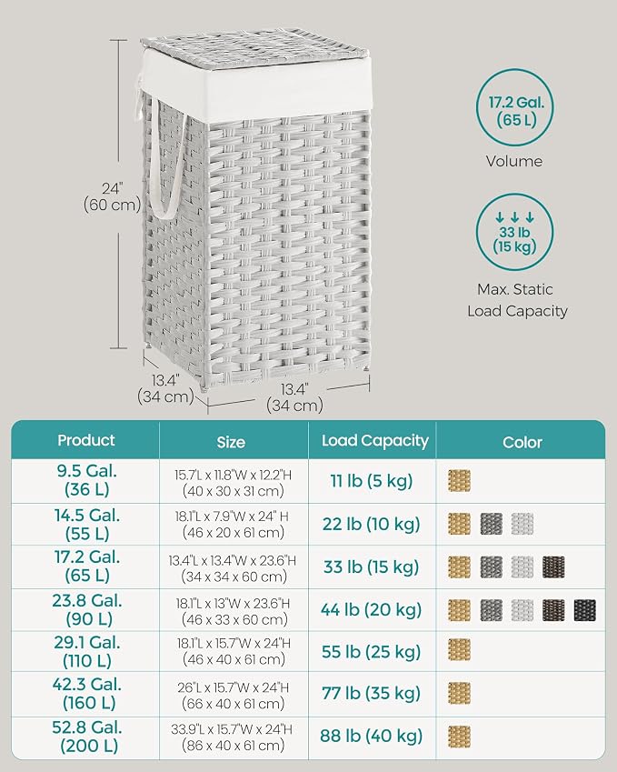 SONGMICS Laundry Hamper with Lid, 17.2 Gallon (65 L) Synthetic Rattan Clothes Laundry Basket with Lid and Handles, Foldable, Removable Liner, Cloud White ULCB165W01 | Clothes Laundry Basket with Handles, Removable Liner, Cloud White, ELIOTT Collection ... - Image 7
