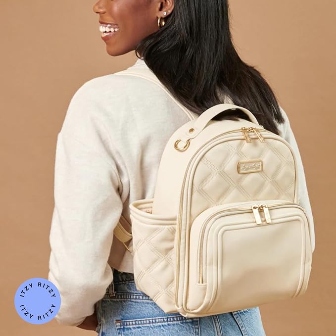 Itzy Ritzy Mini Diaper Bag Backpack – Chic, Compact Mini Plus Backpack with Changing Pad, 10 Pockets (6 Internal, 4 External), Grab-Top Handle & Rubber Feet (Milk & Honey) - Image 7