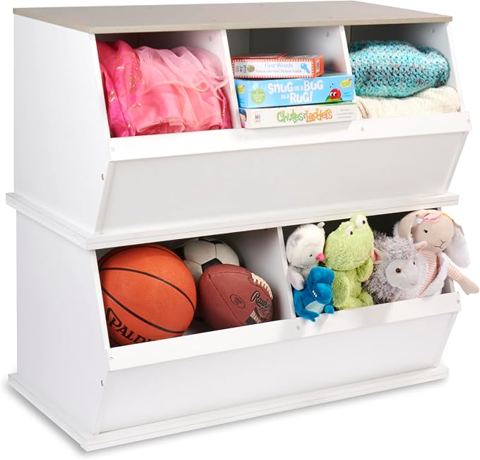 Badger Basket Two Bin Stackable Toy Storage Cubby Organizer – Modular Storage for Toys, Books, and Crafts – Solid Wood Panel – White/Light Gray - Image 6