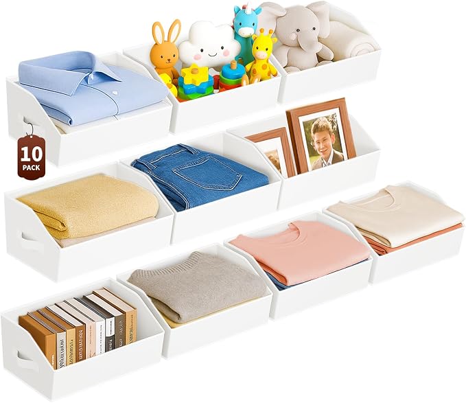 Large Closet Organizers and Storage Bins - 10 Pack Trapezoid Storage Baskets for Shelves, Foldable Fabric Baskets with Handles Ideal for Closet, Basket, Wardrobe and Shelf Storage, White by Homsorout