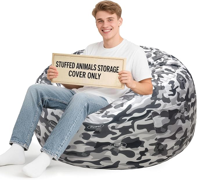 Lukeight Stuffed Animal Storage Bean Bag Chair Cover for Adults, Velvet Plush Toy Organizer Seat, Cover Only, No Filling Included, Long YKK Zipper, Side Pocket, XXX-Large 42"D x 23"H by Lukeight