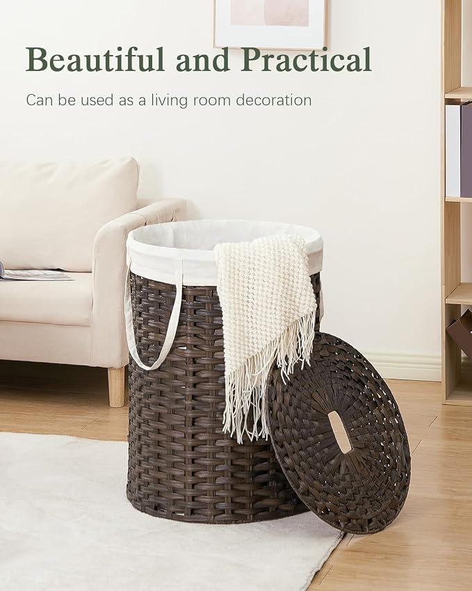 SETVSON Laundry Basket with Lid Round Rattan PE Laundry Hamper, Brown | 110L Large Woven Basket with Lid, Removable Washable Liner Bag, 2 Mesh Laundry Bags, Side Handles for Easy Carrying - Image 7