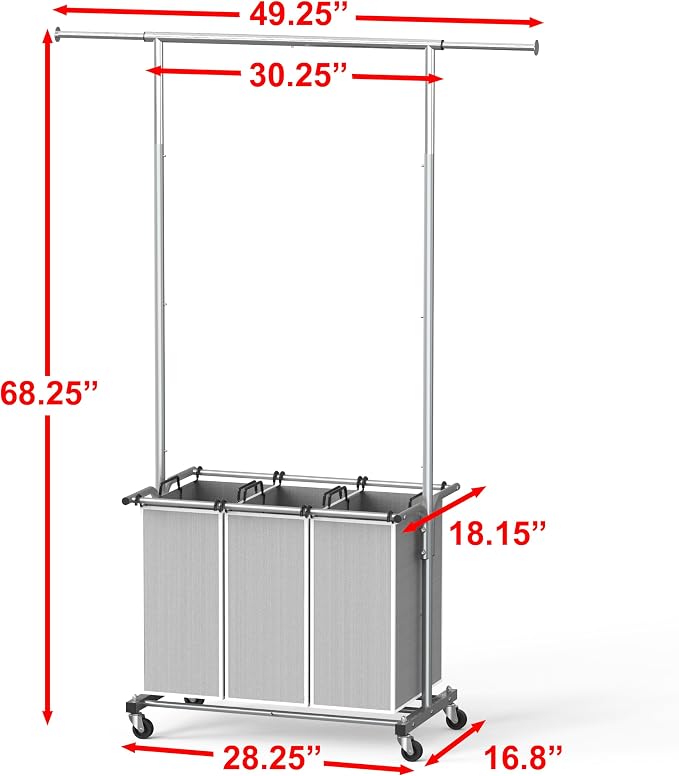 Simple Houseware Laundry Sorter Cart with Hanging Rod, Silver | Extendable Width from 30.25 to 49.25", Removable 3-Section Laundry Basket - Image 2