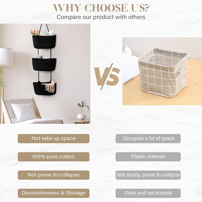TeoKJ Over the Door Hanging Basket, 3-Tier Woven Cotton Wall-Mounted Storage Organizer Bag Decorative Hanging Nursery Baskets, Black - Image 9