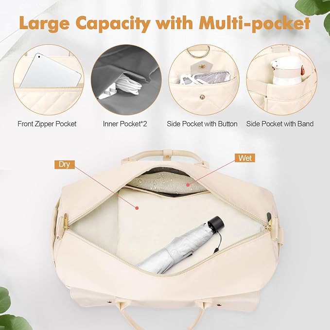 Travel Duffel Bag, Large Weekender Bag for Women with Shoe Compartment, Carry on Overnight Bag with Toiletry Makeup Bag, Gym Duffel Bag Travel Tote Bag for Travel Gym Camping Hospital, Beige - Image 3