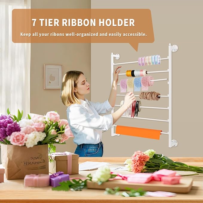 Xbsyhx 7-Tier Wall Mount Ribbon Rack for Craft Room, White | ribbon organizer holds wrapping paper, scarves, towels. Metal rack with hooks for craft room, flower store, closet - Image 6