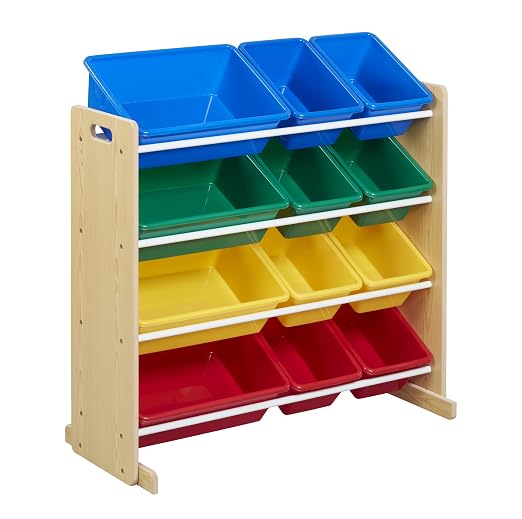 ECR4Kids 4-Tier Organizer with 12 Removable Plastic Bins, 4x3, Toy Storage, Natural/Primary | Durable plastic bins, MDF panels, steel frame, GREENGUARD Gold Certified, 48 lb capacity, anti-tip kit, playroom/classroom by ECR4Kids