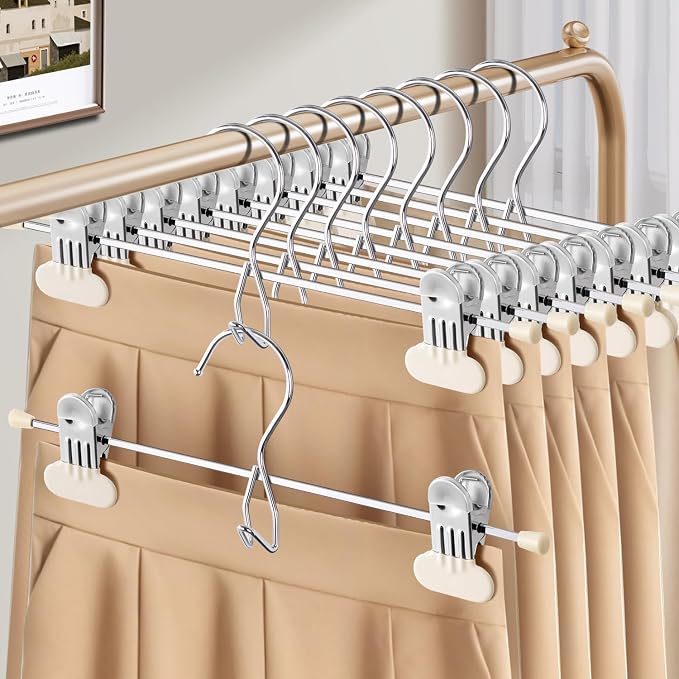 HUADYMEET 14 Inch Space Saving Pant Skirt Hangers with Clips,Beige,20 Pack | Metal,Heavy Duty,Adjustable,Hanger for Pants Jeans Shorts Clothes Slacks Trousers,For Adult Men Women Children,Non Slip by HUADYMEET