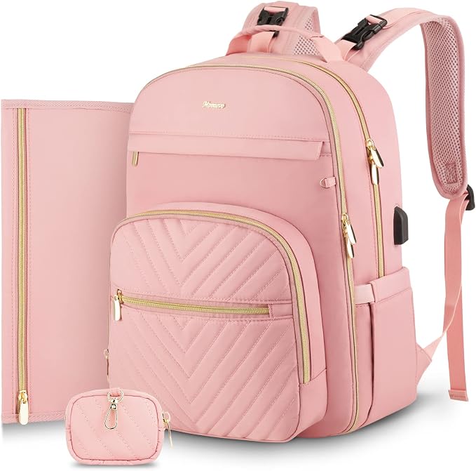 Diaper Bag Backpack, Quilted Baby Bag with Changing Pad & Stroller Straps & Pacifier Case, Large Travel Diaper Bags for Mom Dad, Pink by MOMUVOOFFICIAL