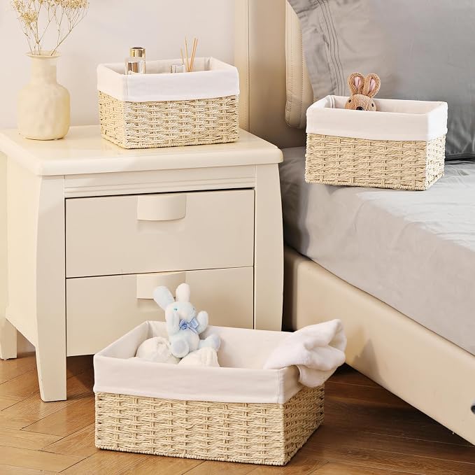 Wicker Basket, Set of 3 Hand-woven Storage Baskets for Organizing, Decorative Bathroom Wicker Storage Basket Bins with Handles, Small Toilet Paper Storage Baskets for Shelves & Decor, Beige - Image 6
