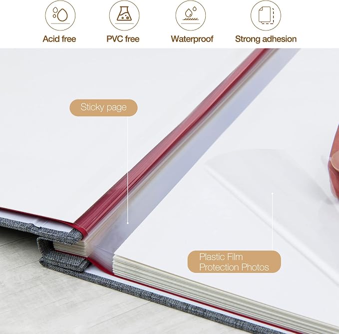Large Self Adhesive Photo Album 80 Pages, Linen cover, Gray | Photo Album Self Adhesive 4x6 5x7 8x10 Pictures, Linen Cover DIY Scrapbook Albums for Family, Wedding, Baby, Anniversary - Image 4