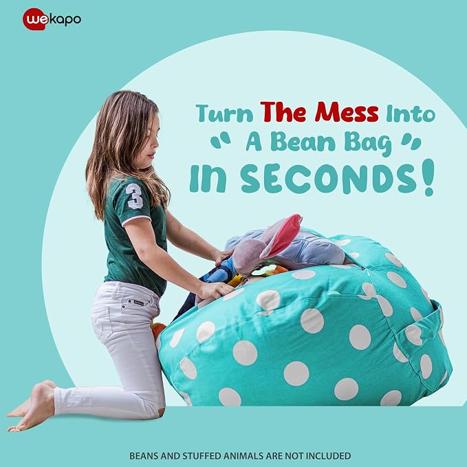 WEKAPO Stuffed Animal Storage Bean Bag Chair Cover for Kids | Stuffable Zipper Beanbag for Organizing Children Plush Toys Large Premium Cotton Canvas (AquaDot, X-Large) - Image 3