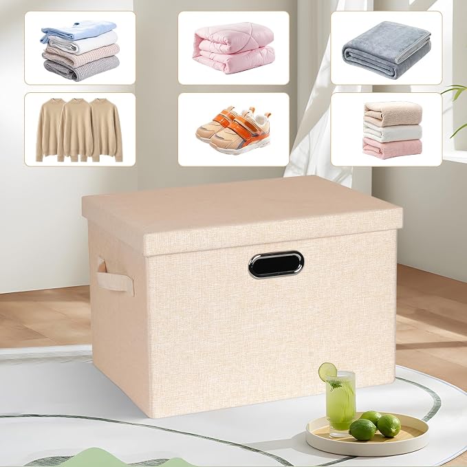 Storage Bins with Lids Fabric Closet Organizers Cubes Office Organization | 36 Quart 3 Pack Light Orange Collapsible Stackable Linen Fabric 4 Handles Bedroom Closet Cabinet Under Bed Clothes Toy Office - Image 6