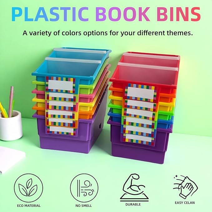 6 Pack Plastic Picture Book Classroom Library Bins with Dividers, Neon | Plastic Shelf Bin Organizer for Classroom Library, Book, Documents, Files Magazines, Multi-Purpose Book Holders with Labels - Image 5