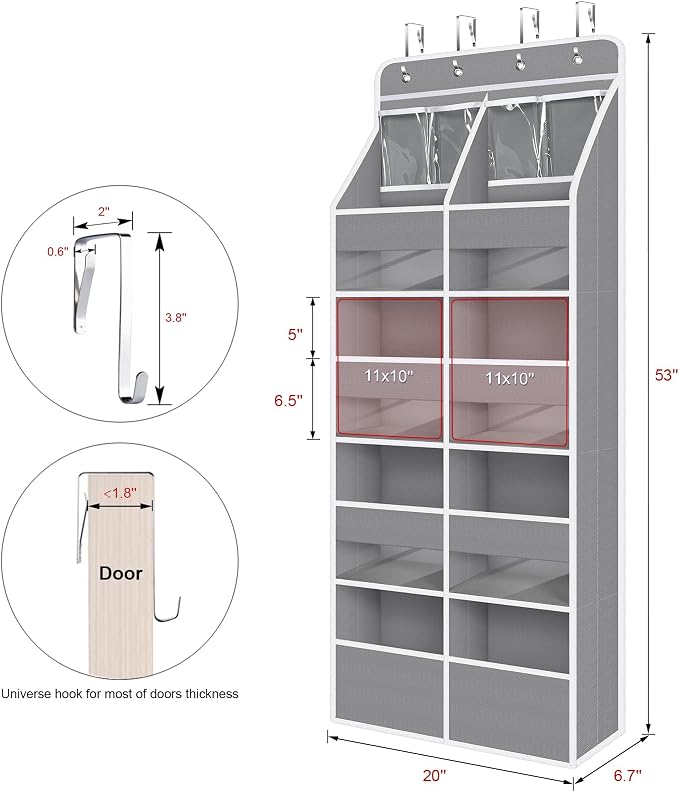 Univivi Upgraded Over the Door Organizer for Baby Nursery, Grey, 5-Shelf | Fabric Door Organizer with Clear Window Deep Pockets, Over Door Hanging Organizer for Baby Essential, Bedroom, and Dorm - Image 3