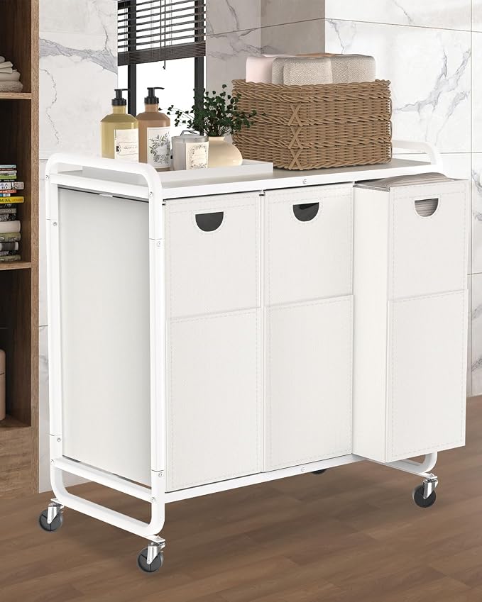 Laundry Hamper 3 Section,Laundry Basket with Wheels,3×15.8 Gal (60L) White | Laundry Room Organization with Wooden Desktop Shelf,Pull-Out and Removable 900D Oxford Fabric Laundry Bags for Laundry Room - Image 8