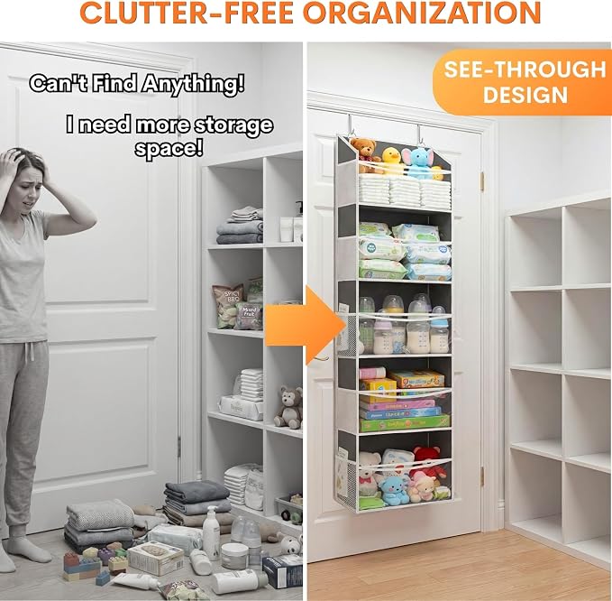 2P 5Tiers Over Door Organizer,Weekly Clothes Organizer for Kids | 5 clear PVC front pockets, 10 mesh side pockets, weekly outfit planner, for kids, dorm, entryway, RV, 50 lbs capacity - Image 5