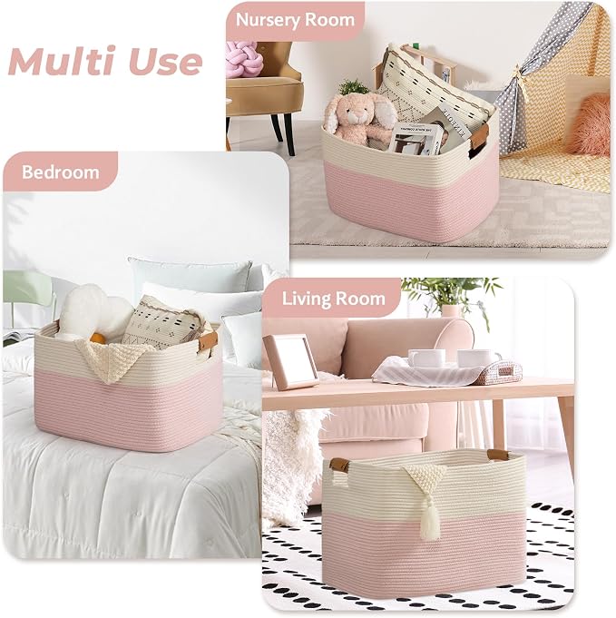 Large Woven Basket 25’’*16’’*16’’ Rectangle Woven Baskets for Storage, Storage for Living Room, Soft Cotton Rope Basket With Handle, Large Basket for Kids Dog Toys, 108L Pink+White - Image 4