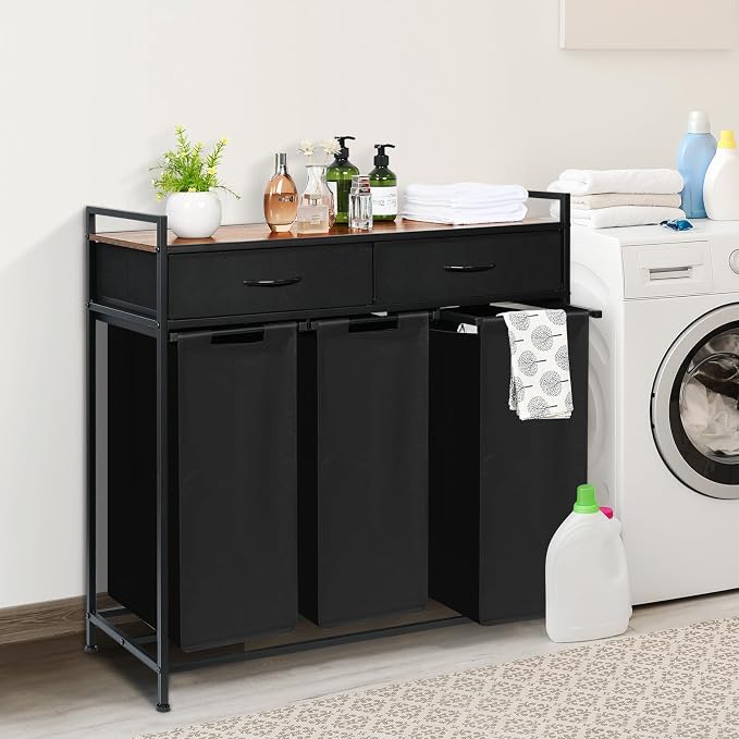 180L Laundry Sorter Hamper Basket 3 Section with Shelf & 2 Drawers | 3 Compartment Clothes Storage Organizer Cart, Pull-Out Removable Oxford Fabric Bags - Image 3