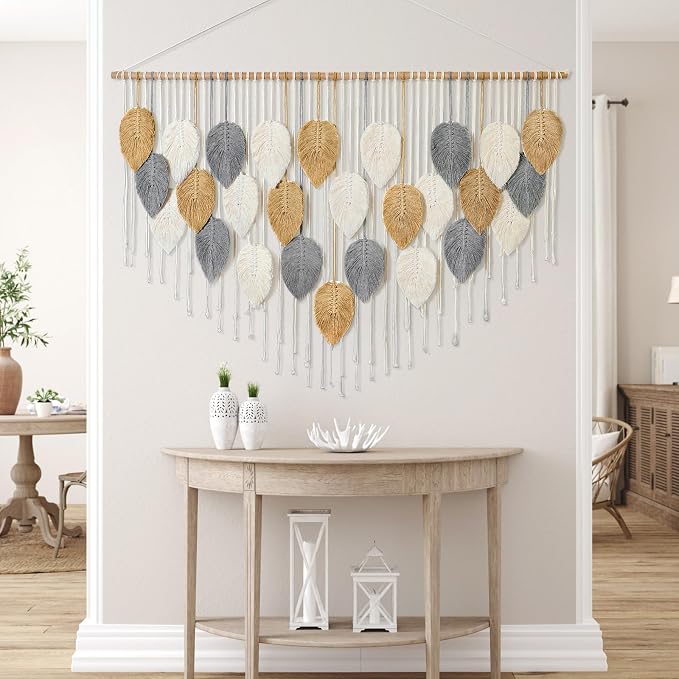 Large Macrame Wall Hanging Boho Woven Tapestry Chic Modern Home Decorations | KHOYIME Bohemian Farmhouse Handmade Leaf Feather Wall Art Decor for Living Room Bedroom Nursery Dorm Backdrop 51.5"W X 33.5"L - Image 7