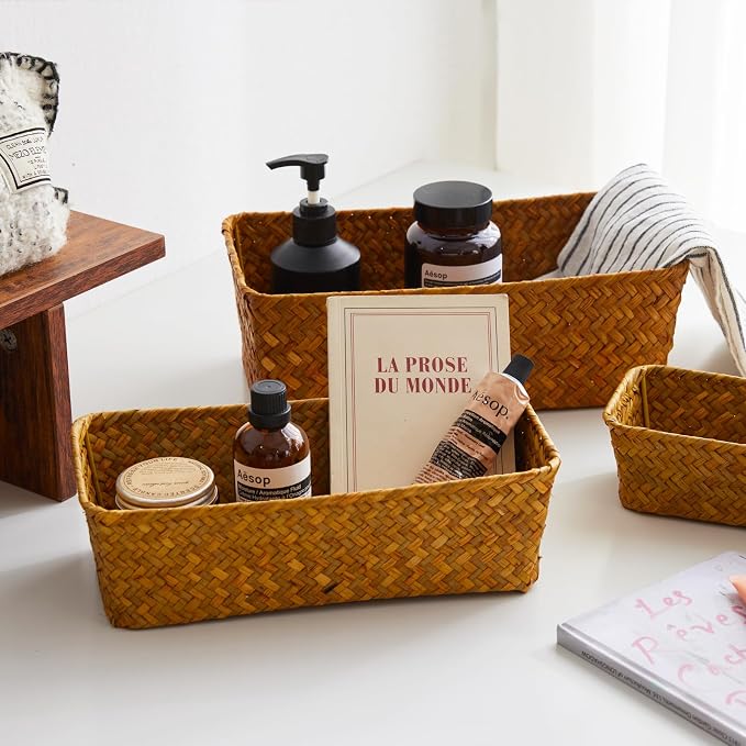 Seagrass Storage Basket, Stackable Open Woven Baskets Bins Container for Organizing Shelves Bedroom Living Room, Set of 3, Natural - Image 4