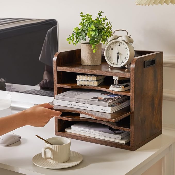 YMYNY Desktop File Organizer with Handle, Document Letter Mail Tray Sorter with 3 Adjustable Shelves, 5 Tiers Paper Holder for School Home Office Desk, Rustic Brown,13.4 * 12.4 * 9.06" UHBC006H - Image 4