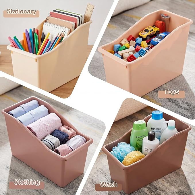 Geetery 12 Pcs Book Bin for Classroom with Labels Stackable Plastic Organizing Bins 11.5 x 5.4 x 7.5 in Book Holders Storage Bins Box Baskets for Classroom Library Home (Brown Color Series) - Image 5