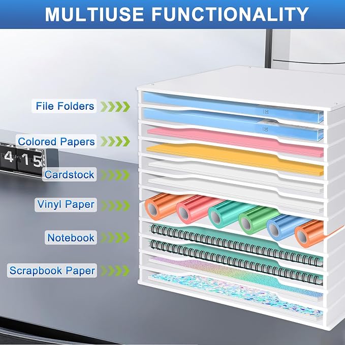 12x12 Scrapbook Paper Organizer Storage,12 Tier Desk File Organizer with Adjustable Shelves,Desktop 12 Slots File Sorter Storage Wide Document Holder Cabinets Letter Mail Tray for Home SchoolOffice - Image 3