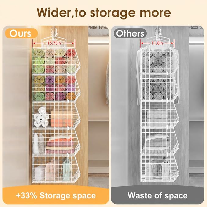 4" Extra Deeper Foldable Hanging Closet Organizer, Small Wire Cabinet Shelves and Storage with 5 S Hooks,4 Tier Metal Basket Bins for Clothes Sweaters Handbags, Wardrobe for Kitchen Laundry Room，White - Image 4