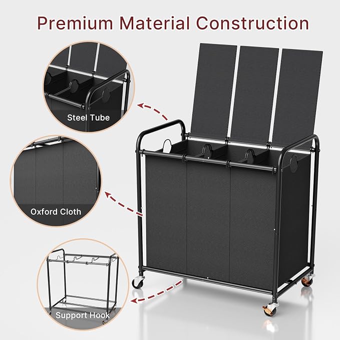 180L Laundry Sorter 3 Section with Lockable Wheels and Lid Black | 3 Large Separate Removable Bags | Heavy Duty Rolling Laundry Basket | Laundry Hamper Cart for Laundry Room Organizer - Image 7